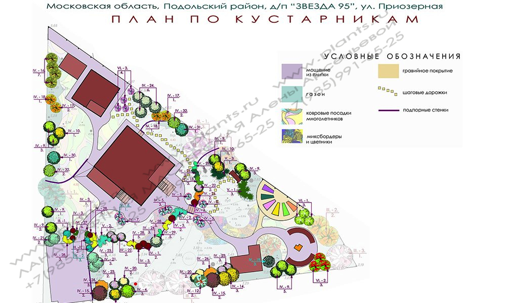 Проект участка с уклоном - план по кустарникам